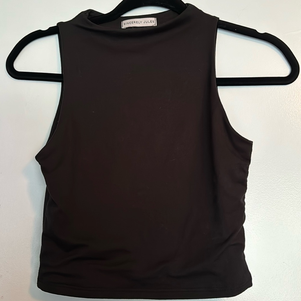 Black mock turtle neck tank top.